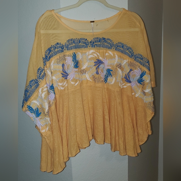 Free People Love Letter Embroidered Peasant Blouse Tangerine - Size: S - Picture 4 of 8